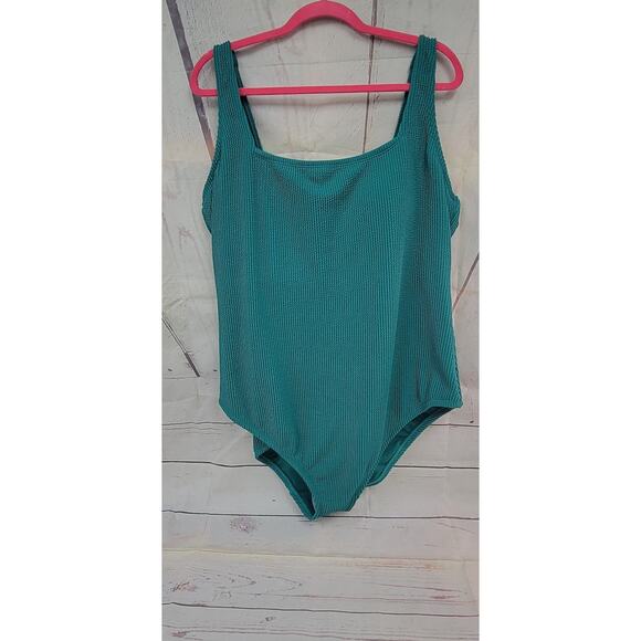 Kona Sol Teal Green Pucker Square Neck Swimsuit - Size 22 - Picture 2 of 6